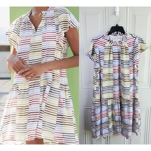 Loft Size XXS Multicolored Striped Blocked Dress Flutter Sleeve Drop Waist